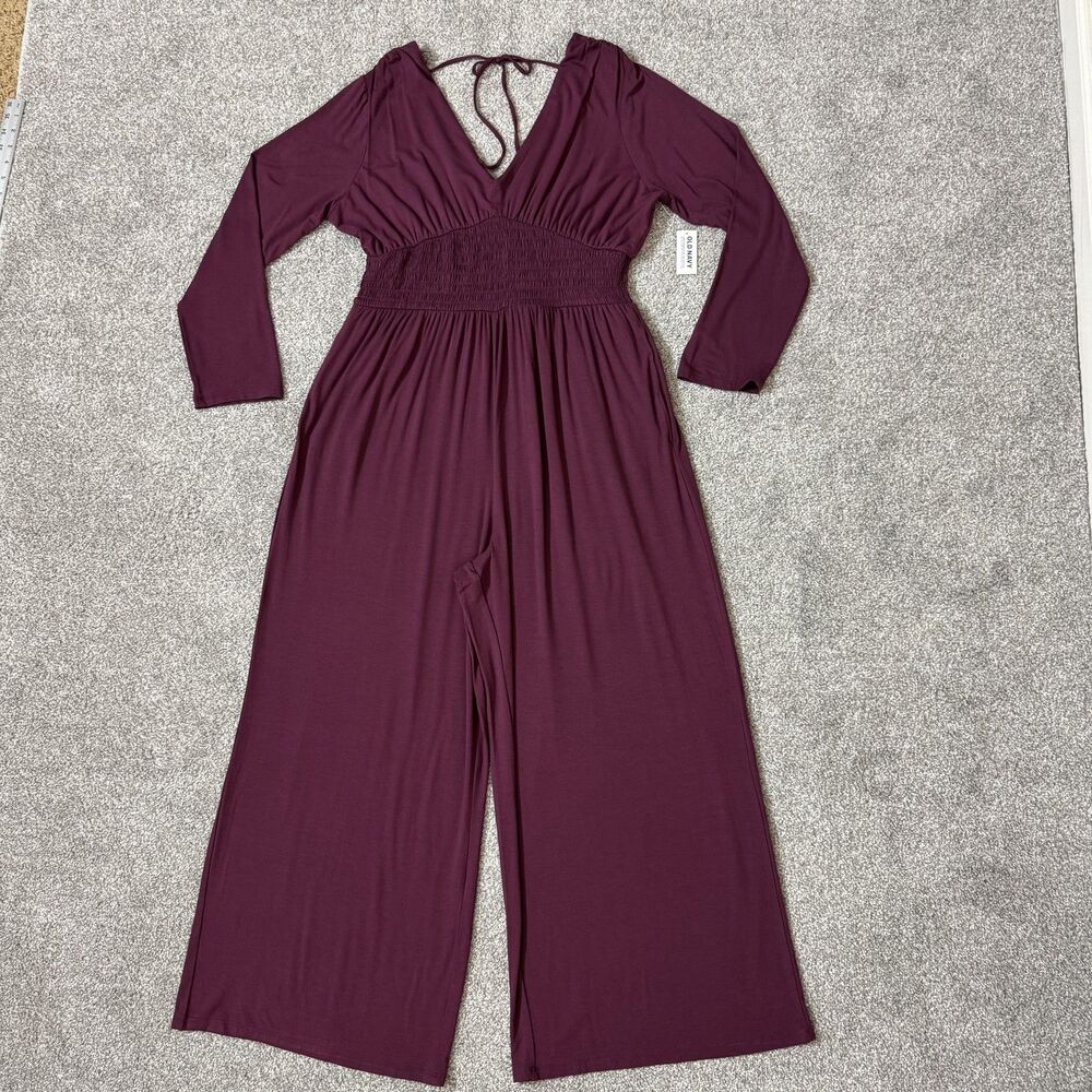 Old Navy Jumpsuit Womens Large Purple Long Sleeve Wide Leg Smocked Waist V Neck